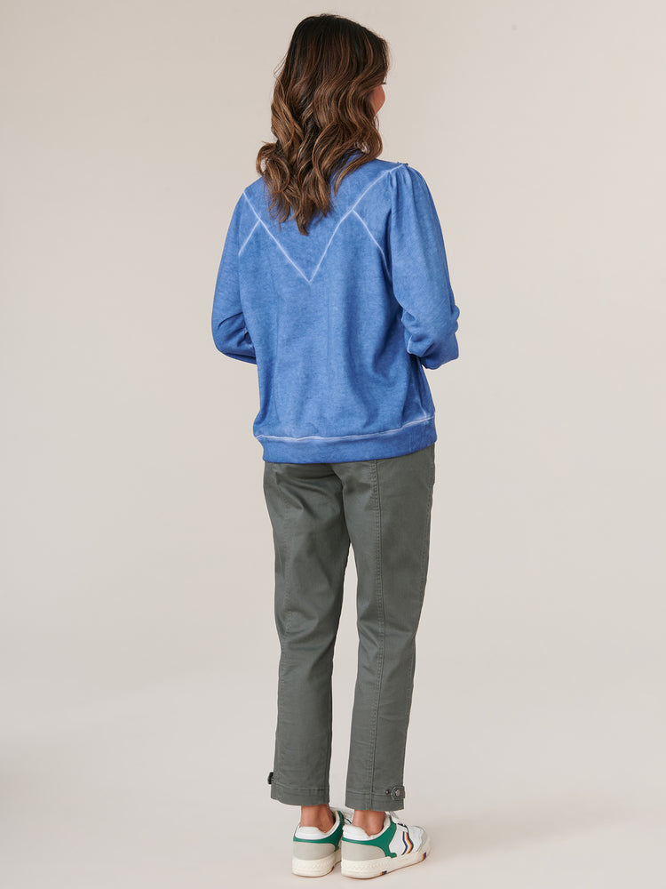 Lake Blue Long Blouson Sleeve Puff Shoulder Crew Neck Lace Applique Raw Edge Detail Sweatshirt