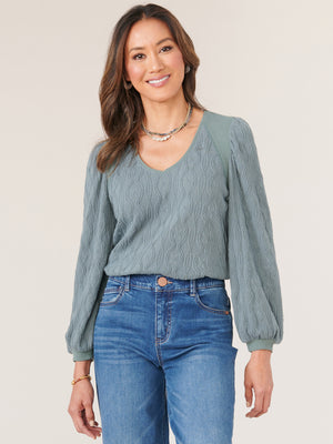 
            
                Load image into Gallery viewer, Desert Cactus Three Quarter Blouson Puff Sleeve Mixed Media Yoke Wide V-Neck Petite Knit Top
            
        