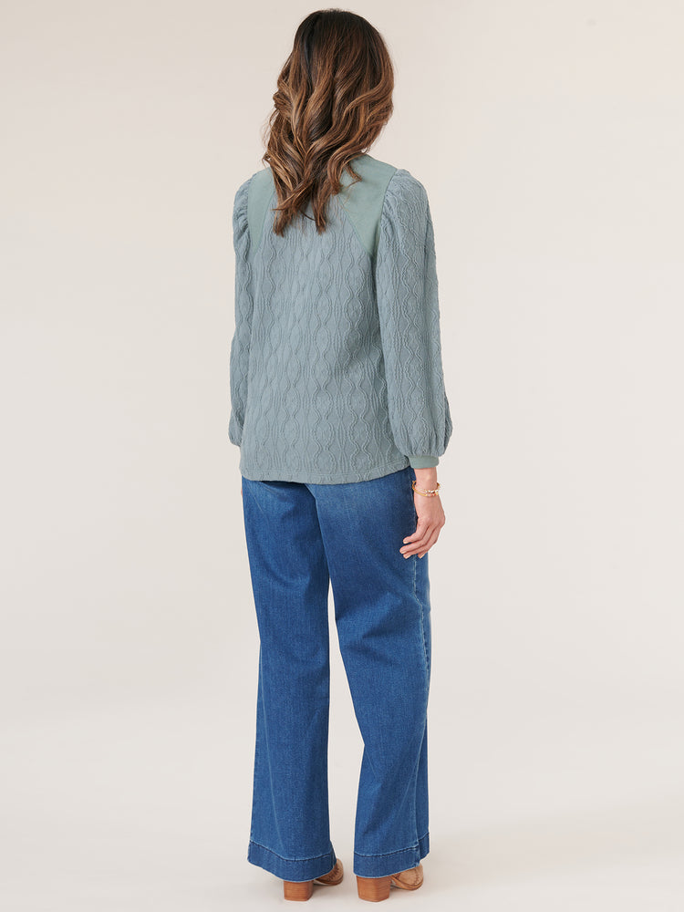 
            
                Load image into Gallery viewer, Desert Cactus Three Quarter Blouson Puff Sleeve Mixed Media Yoke Wide V-Neck Petite Knit Top
            
        