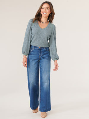 
            
                Load image into Gallery viewer, Desert Cactus Three Quarter Blouson Puff Sleeve Mixed Media Yoke Wide V-Neck Knit Top
            
        