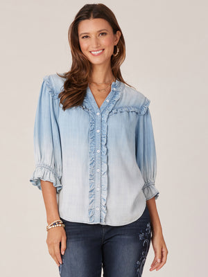Light Powder Blue Elbow Lantern Banded Ruffle Sleeve Button Down Stand Collar Petite Woven Top