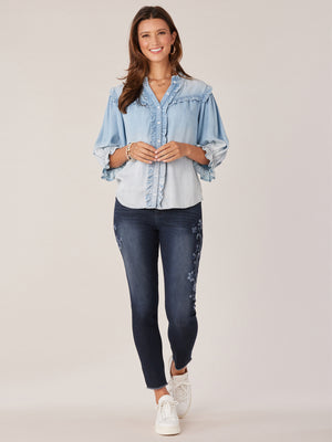 Light Powder Blue Elbow Lantern Banded Ruffle Sleeve Button Down Stand Collar Woven Top