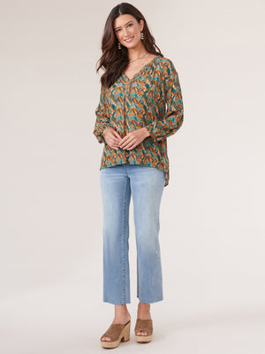 
            
                Load image into Gallery viewer, Jade Stone Amber Multi Three Quarter Sleeve Braided Neck High Low Hem Textured Woven Top
            
        