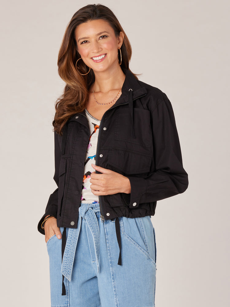 Black Long Snap Sleeve Collared Drawstring Neck Snap Zip Front Double Patch Pocket Cropped Hem Woven Utility Jacket