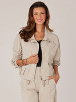 Seashell Long Snap Sleeve Collared Drawstring Neck Snap Zip Front Double Patch Pocket Cropped Hem Woven Utility Jacket