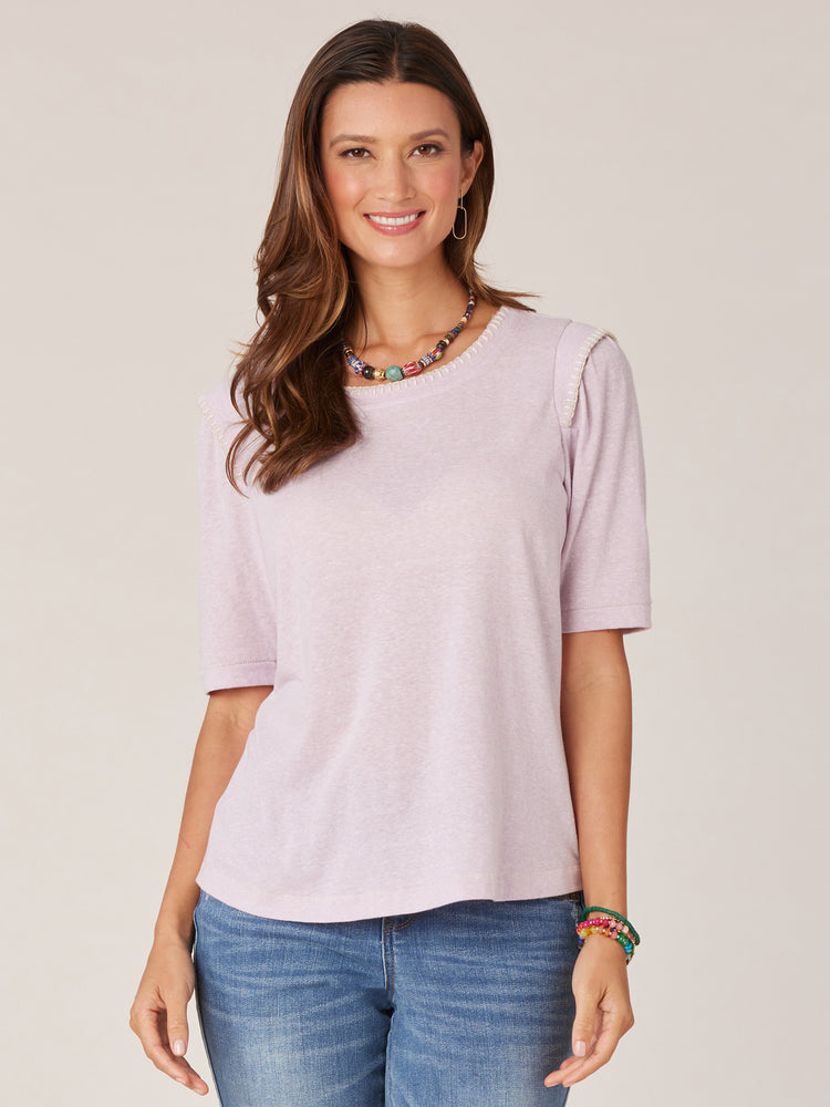 
            
                Load image into Gallery viewer, Heather Smokeu Lavender Elbow Sleeve Flange Shoulder Contrast Stitch Scoop Neck Embroidery Detail Knit Top
            
        