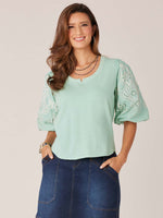 Marble Natural Below Elbow Bubble Embroidered Sleeve Back Center Seam Scoop Neck Notch Mix Media Knit Top
