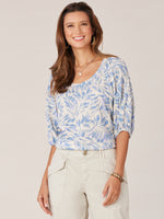 Airy Blue Elbow Banded Drop Shoulder Blouson Sleeve Leafy Print Scoop Neck Knit Top
