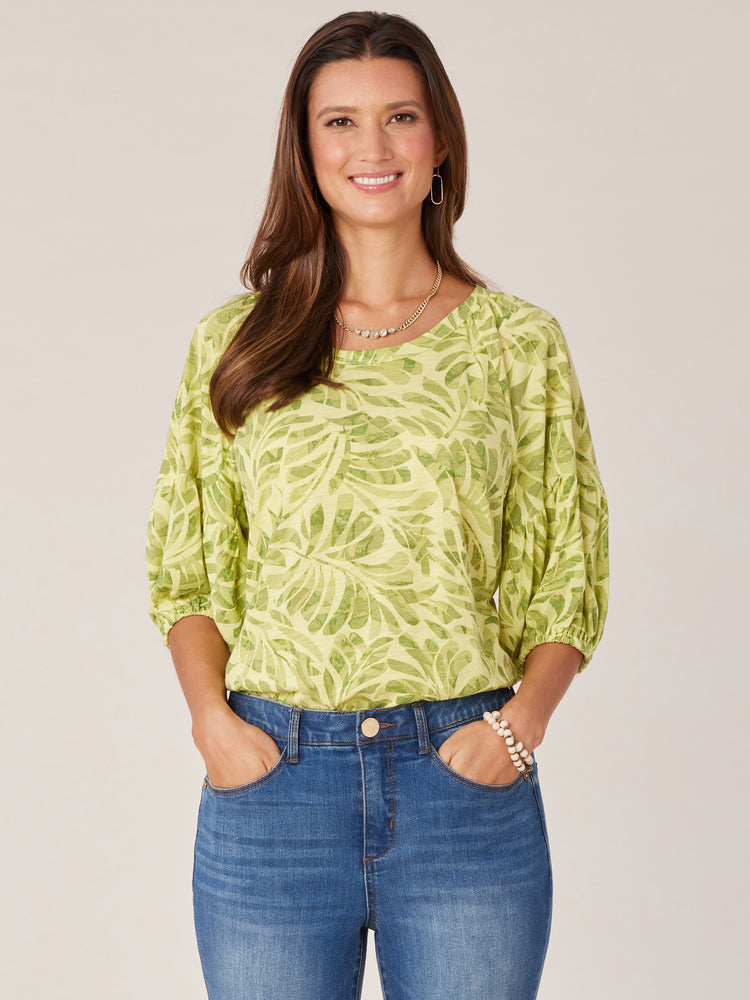 
            
                Load image into Gallery viewer, Citron Elbow Banded Drop Shoulder Blouson Sleeve Leafy Print Scoop Neck Knit Top
            
        