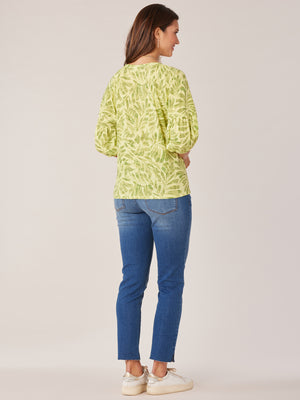
            
                Load image into Gallery viewer, Citron Elbow Banded Drop Shoulder Blouson Sleeve Leafy Print Scoop Neck Knit Top
            
        