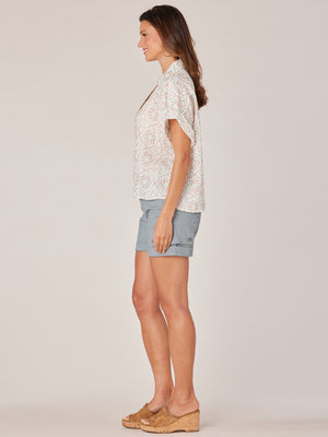 Ivory Grey Multi Extended Cuff Short Sleeve Rainbow Embroidered Johnny Collar Overlap Placket Woven Top