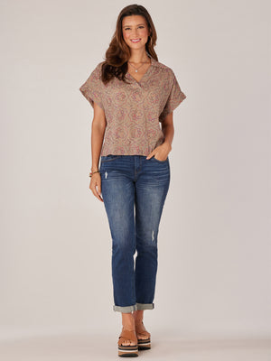 Mocha Multi Extended Cuff Short Sleeve Rainbow Embroidered Johnny Collar Overlap Placket Woven Top