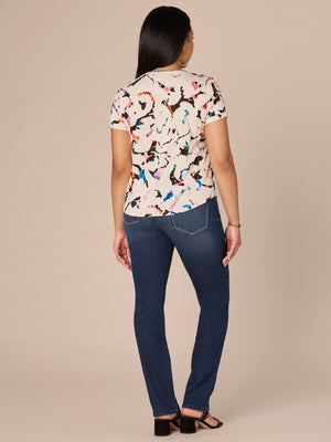 Heather Jute Orchid Multi Short Roll Cuff Sleeve Abstract Print Embroidered Pocket V-Neck Knit Tee Top