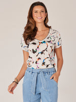 Heather Jute Orchid Multi Short Roll Cuff Sleeve Abstract Print Embroidered Pocket V-Neck Knit Tee Top