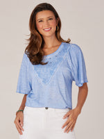 Provence Blue Elbow Raglan Bell Sleeve Embroidered V-Placket Scoop Neck Mineral Wash Knit Top