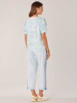 "Marble Multi Short Banded Puff Sleeve Abstract Marble Print Round V-Notch Neck Surplus Hem Knit Petite Top "