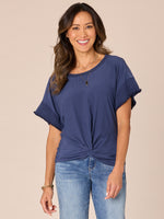 Navy Extended Drop Shoulder Short Sleeve Ruffle Rib Edge Metallic Tipping Round Banded Neck Twist Front Hem Woven Top