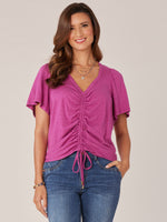 Heather Shocking Raspberry Short Bell Puff Sleeve Shirred Front Tie Sweetheart Neck Knit Top