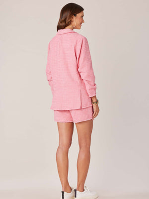 Paradise Pink Tweed Three Quarter Ruched Frayed Sleeve Single Button Front Collar Neck Sparkle Accent Thread Woven Blazer Jacket 