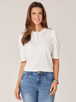 Off White Elbow Puff Sleeve Ruffle Shoulder Half Button Down Round Neck Petite Knit Top
