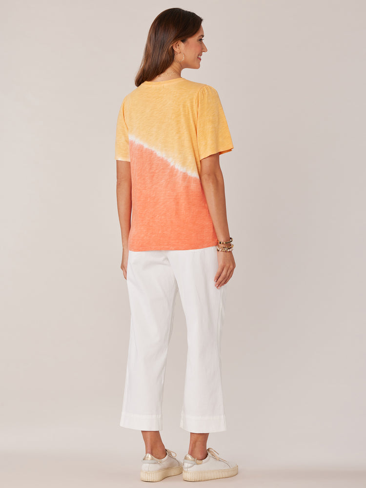 Neon Orange Nectarine Short Bell Puff Shoulder Sleeve Scoop Neck Placement Tie Dye Print Knit Tee Top