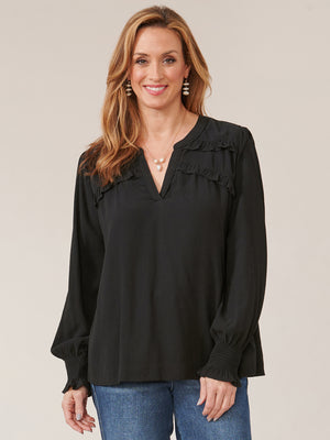 
            
                Load image into Gallery viewer, Black Long Sleeve Smock Cuff Double Ruffle Yoke Open V-Neck Woven Top
            
        