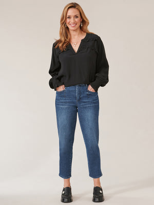 
            
                Load image into Gallery viewer, Black Long Sleeve Smock Cuff Double Ruffle Yoke Open V-Neck Woven Top
            
        