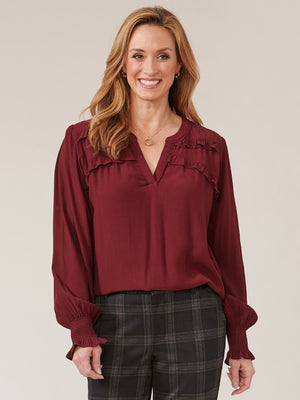 
            
                Load image into Gallery viewer, Wineberry Long Sleeve Smock Cuff Ruffle Yoke Open V-Neck Woven Petite Top
            
        