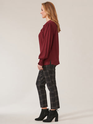 
            
                Load image into Gallery viewer, Wineberry Long Sleeve Smock Cuff Ruffle Yoke Open V-Neck Woven Top
            
        