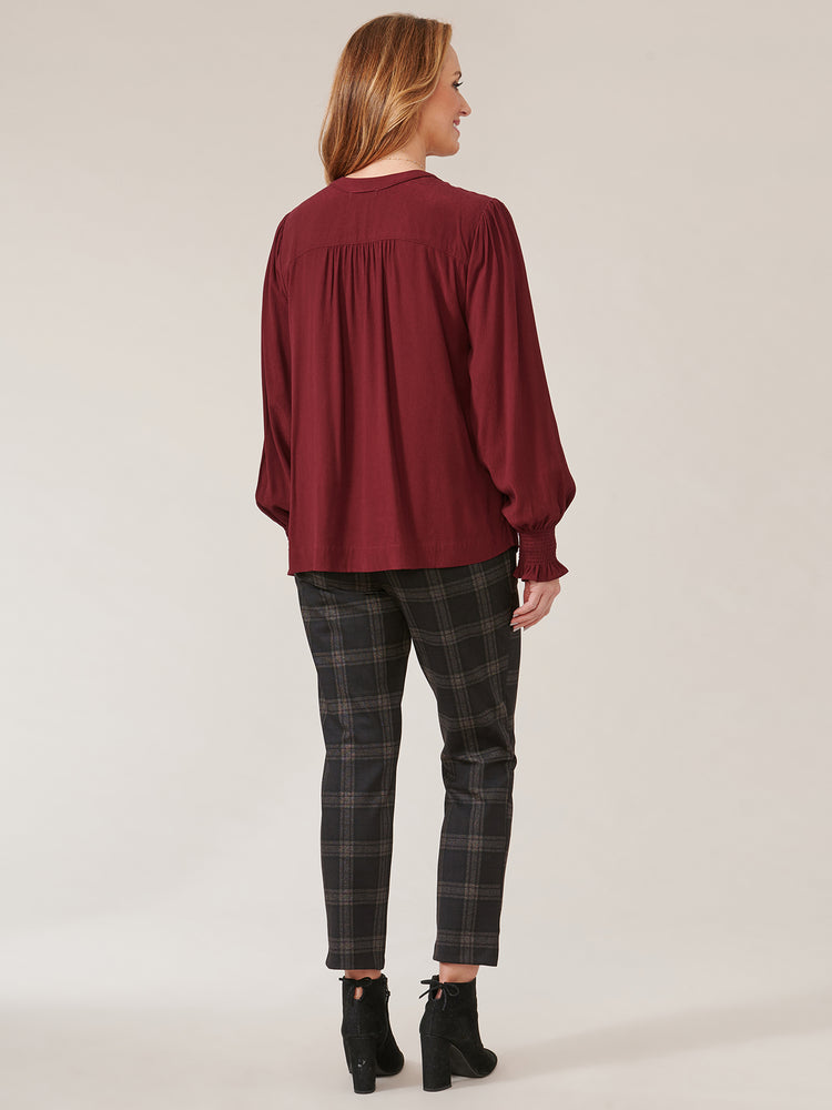 
            
                Load image into Gallery viewer, Wineberry Long Sleeve Smock Cuff Ruffle Yoke Open V-Neck Woven Petite Top
            
        