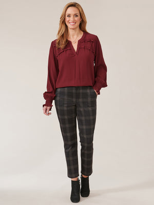 
            
                Load image into Gallery viewer, Wineberry Long Sleeve Smock Cuff Ruffle Yoke Open V-Neck Woven Top
            
        