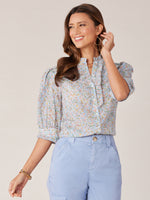 Airy Blue Rose Gold Multi Below Elbow Puff Shoulder Sleeve Ruffle Front Button Down Pleat Stand Collar Abstract Print Woven Top