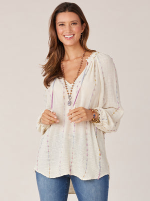 
            
                Load image into Gallery viewer, Ivory Lavender Multi Long Blouson Sleeve Crochet Trim Ombre Braided Tie Split V-Neck Woven Top
            
        