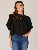 Black Short Flounce Scallop Sleeve Ruffle Armhole Embroidered Placket Round Neck Woven Top