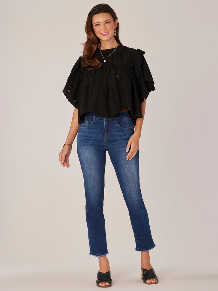 Black Short Flounce Scallop Sleeve Ruffle Armhole Embroidered Placket Round Neck Woven Top