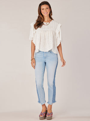 Off White Short Flounce Scallop Sleeve Ruffle Armhole Embroidered Placket Round Neck Woven Top
