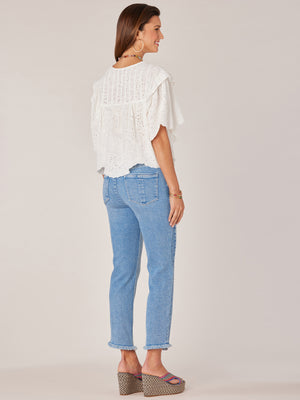 Off White Short Flounce Scallop Sleeve Ruffle Armhole Embroidered Placket Round Neck Woven Top