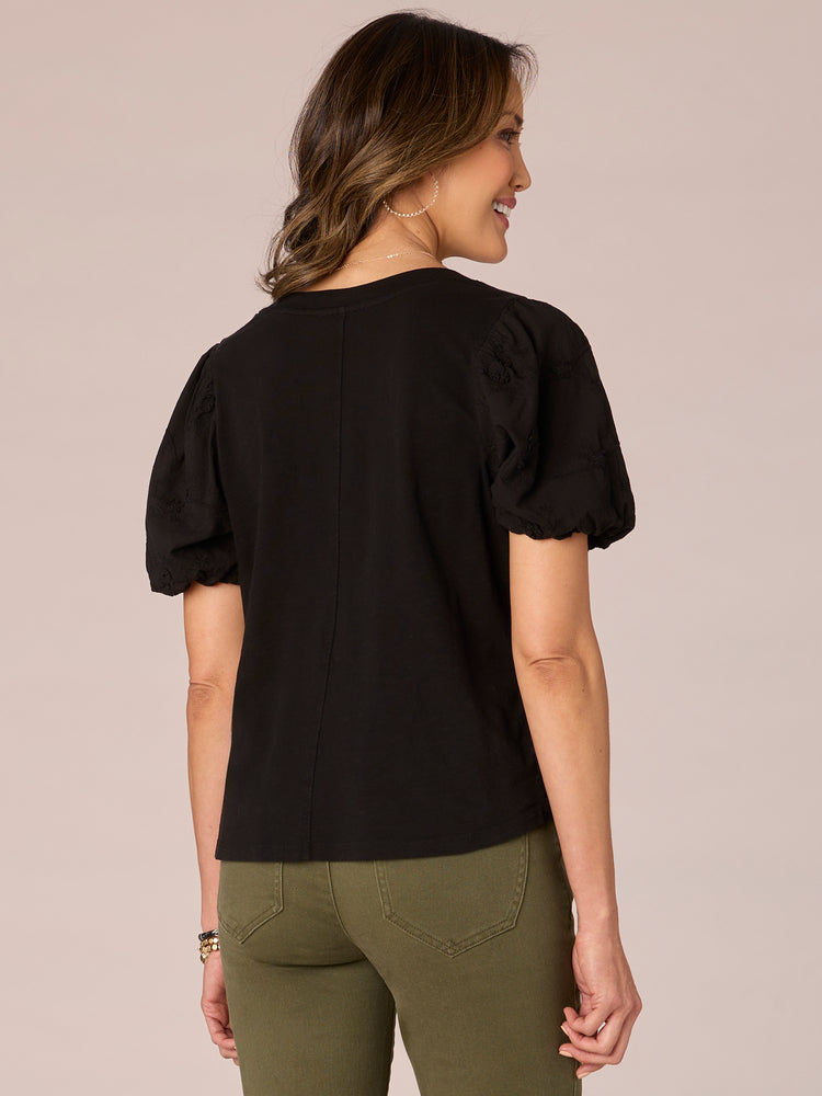 Black Short Bubble Sleeve Embroidered V-Neck Mixed Media Woven Top