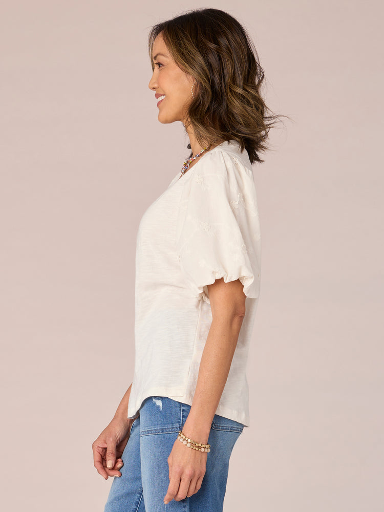 White Short Bubble Sleeve Embroidered V-Neck Mixed Media Woven Top