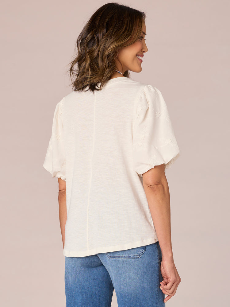 White Short Bubble Sleeve Embroidered V-Neck Mixed Media Woven Top