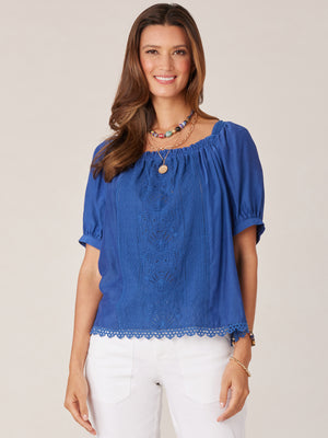 
            
                Load image into Gallery viewer, Coastal Blue Short Puff Sleeve Crochet Detail Ruched Square Ruffle Neck Split Scallop Hem Woven Top
            
        