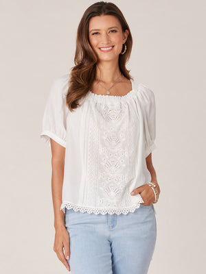 
            
                Load image into Gallery viewer, Off White Short Puff Sleeve Crochet Detail Ruched Square Ruffle Neck Split Scallop Hem Woven Top
            
        