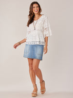 White Three Quarter Scallop Bell Embroidered Sleeve Double Flounce Peplum Scoop Neck Woven Top