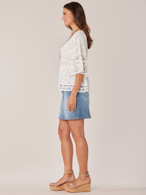 White Three Quarter Scallop Bell Embroidered Sleeve Double Flounce Peplum Scoop Neck Petite Woven Top