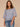 Horizon Blue Three Quarter Bell Sleeve Mesh Scallop Edge Scoop Neck Embroidered Double Flounce Peplum Hem Woven Top

