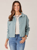 Dusty Slate Long Button Sleeve Button Down Collared Neck Utility Side Pocket Front Dart Back Pleat Jacket