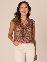 Dark Roast Canyon Rock Multi Sleeveless Ruffle Armhole Ruched Stand Collar V-Neck Floral Print Woven Tank Top