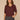 Heather Cherry Chocolate Elbow Puff Blouson Sleeve Scallop V-Neck Smocked Shoulder Back Front Center Seam Shirttail Hem Knit Top

