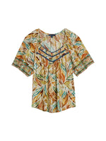 Persimmon Multi Lead Print Short Bell Sleeve Piping Smocked V Neck Leafy Placement Print Knit Top