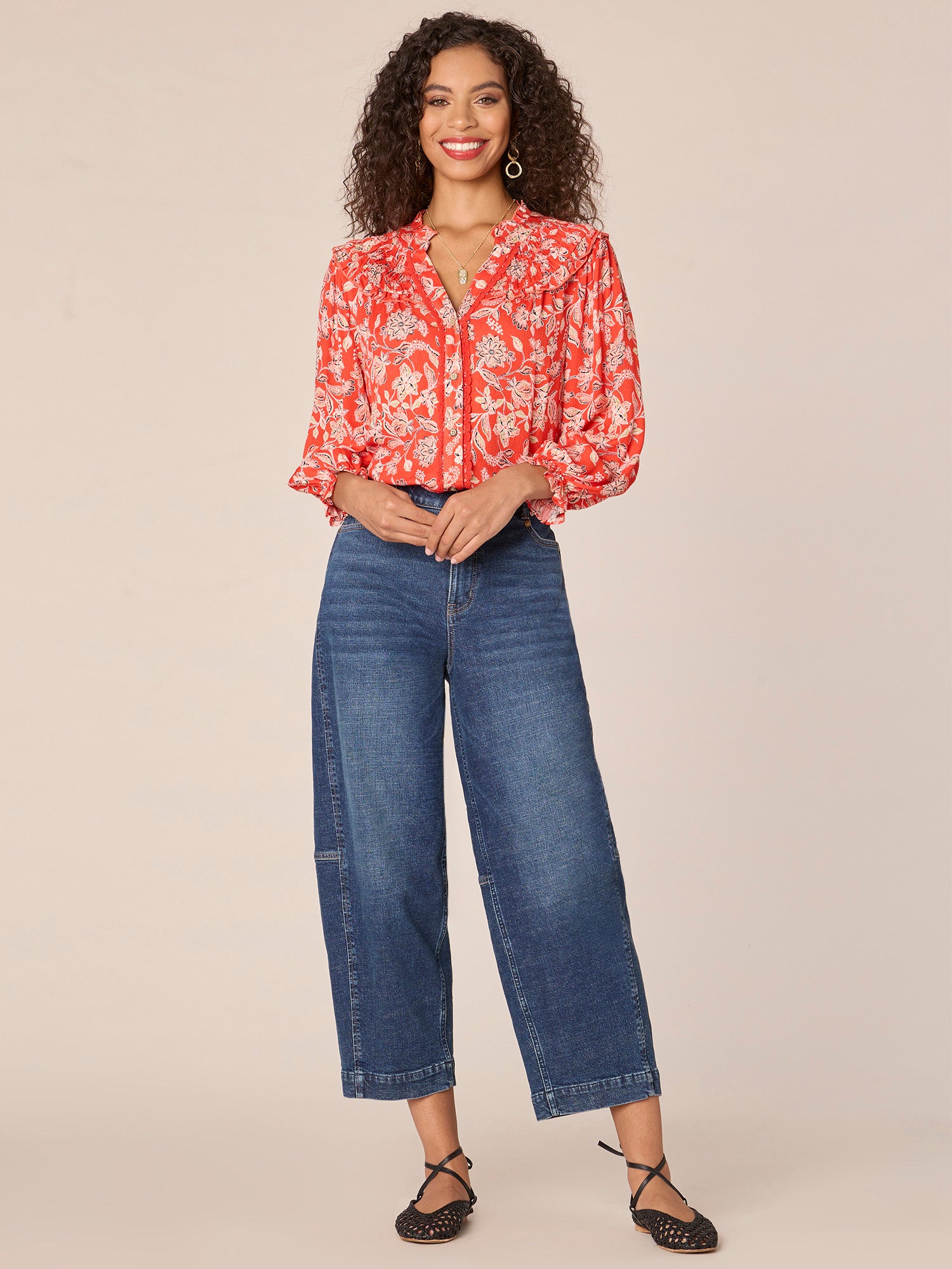 Halife Women's Floral Print 3/4 Sleeve Tunic Blouse - V Neck, Roll-Up Sleeves, Loose Fit, X-Large